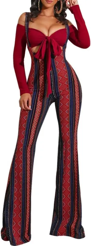 Ophestin Womens Sexy Off Shoulder Tie Crop Top Plaid Print Bell Pants Suspenders Set 2 Piece Outfits Jumpsuits Overalls