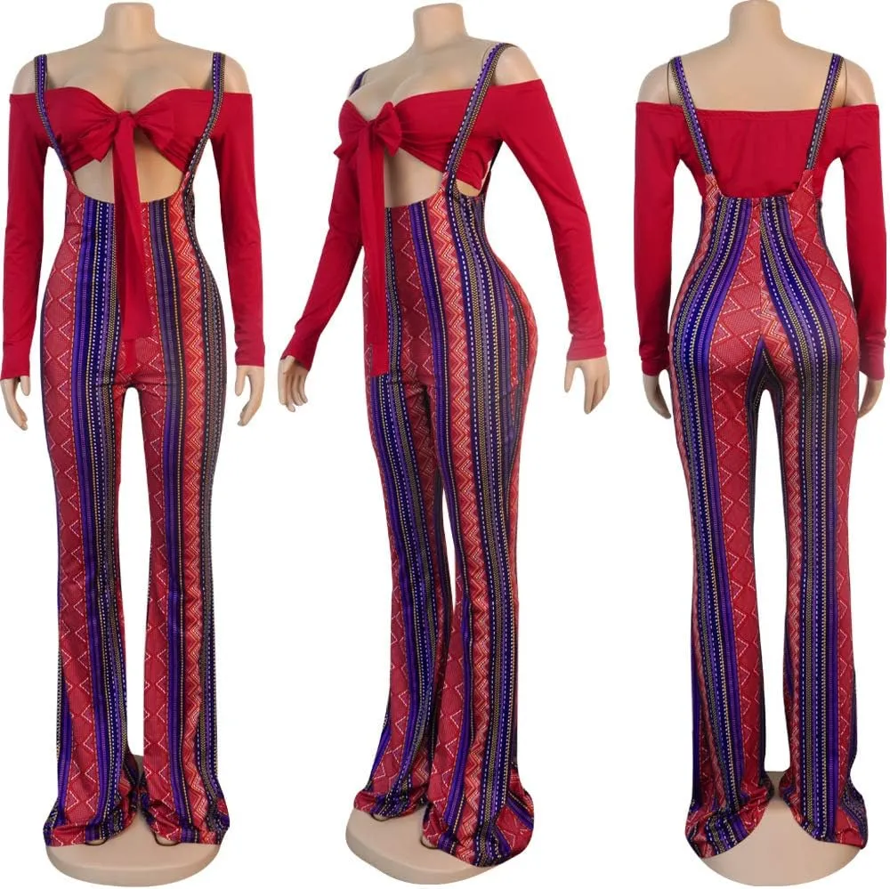 Ophestin Womens Sexy Off Shoulder Tie Crop Top Plaid Print Bell Pants Suspenders Set 2 Piece Outfits Jumpsuits Overalls