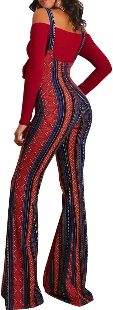 Ophestin Womens Sexy Off Shoulder Tie Crop Top Plaid Print Bell Pants Suspenders Set 2 Piece Outfits Jumpsuits Overalls