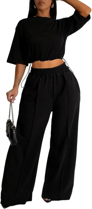 Outfits for Women 2 Piece Sets Casual Tracksuit Short Sleeve Drawstring Crop Top High Waist Wide Leg Long Pants Set