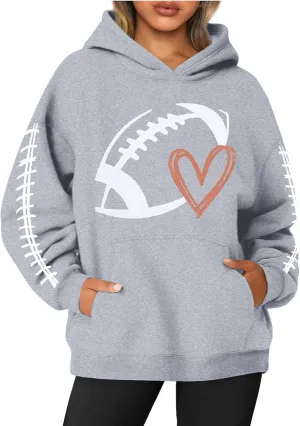 PETYCZEN Hoodies for Women Funny Football Graphic Oversized Sweatshirt Long Sleeve Game Day Rugby Drawstring Pullover Tops