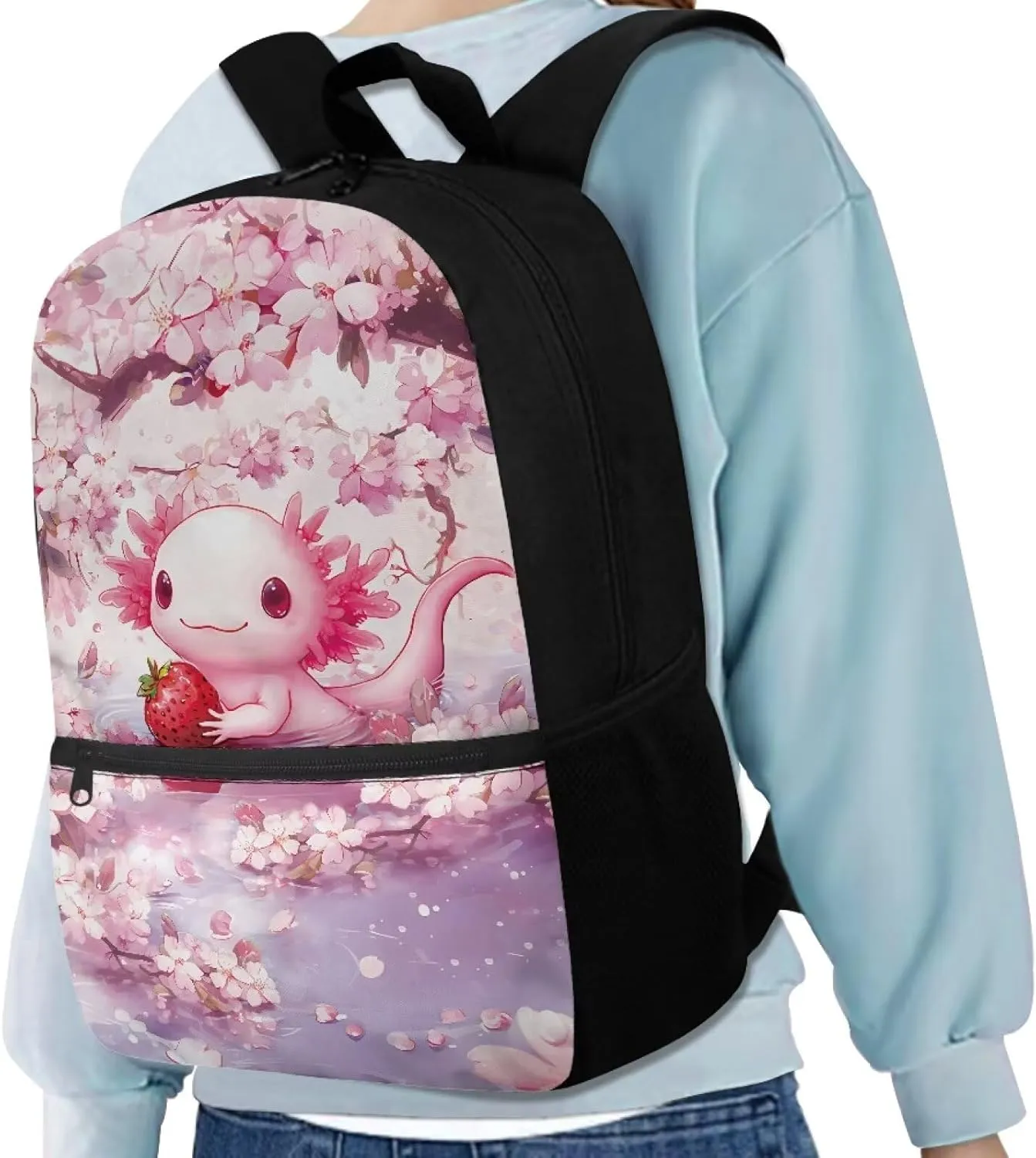 Pink Axolotl Kids Backpack 4PCS Set Waterproof School Backpack with Lunch Box Pencil Case Water Bottle Holder Sports & Daily Use School Teens Bookbag for 12-14