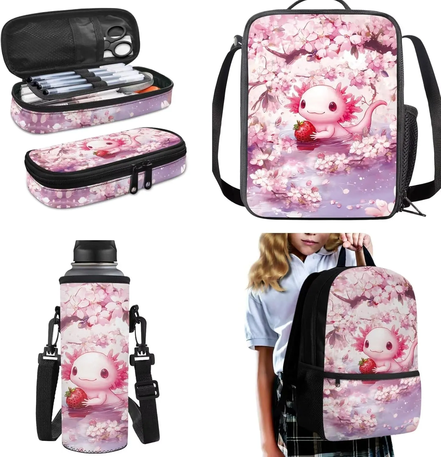 Pink Axolotl Kids Backpack 4PCS Set Waterproof School Backpack with Lunch Box Pencil Case Water Bottle Holder Sports & Daily Use School Teens Bookbag for 12-14