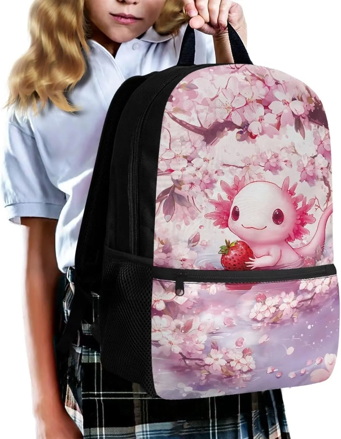 Pink Axolotl Kids Backpack 4PCS Set Waterproof School Backpack with Lunch Box Pencil Case Water Bottle Holder Sports & Daily Use School Teens Bookbag for 12-14