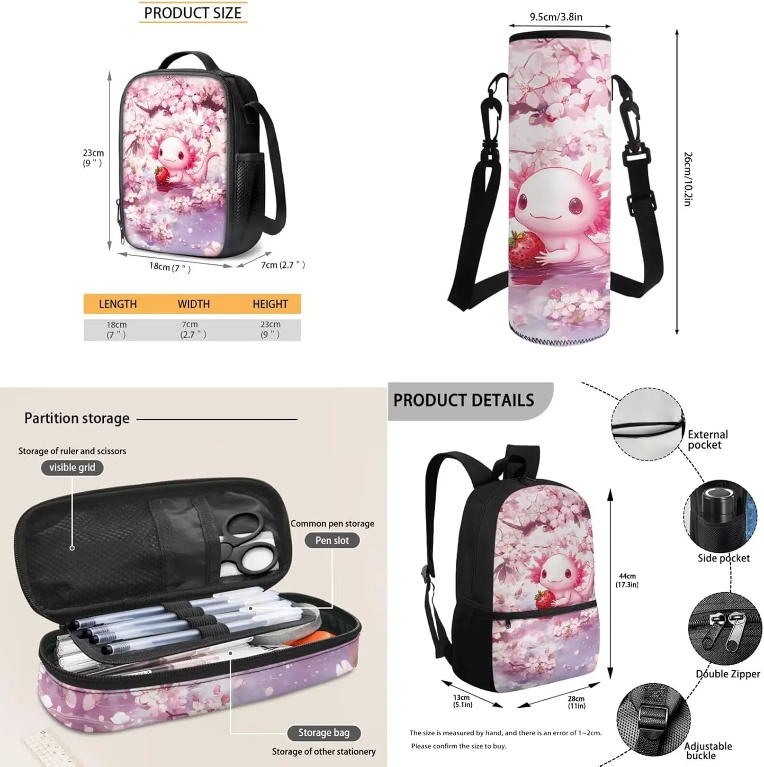 Pink Axolotl Kids Backpack 4PCS Set Waterproof School Backpack with Lunch Box Pencil Case Water Bottle Holder Sports & Daily Use School Teens Bookbag for 12-14