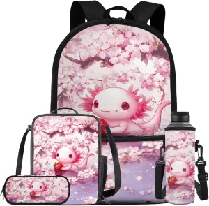 Pink Axolotl Kids Backpack 4PCS Set Waterproof School Backpack with Lunch Box Pencil Case Water Bottle Holder Sports & Daily Use School Teens Bookbag for 12-14