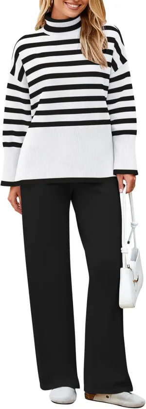 Pink Queen Lounge Sets For Women Two Pieces Long Sleeve Striped Sweater and Wide Leg Pants Tracksuit