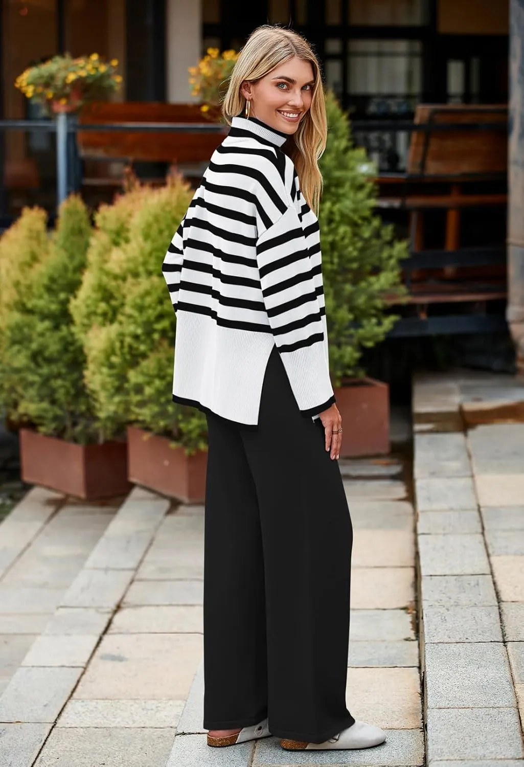 Pink Queen Lounge Sets For Women Two Pieces Long Sleeve Striped Sweater and Wide Leg Pants Tracksuit