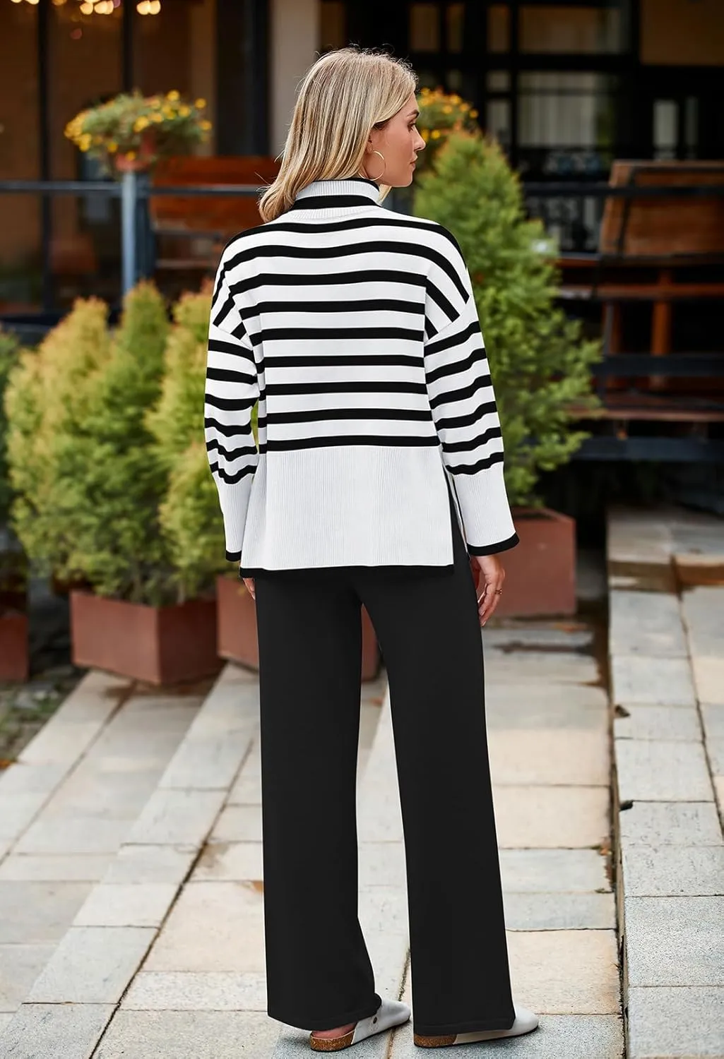 Pink Queen Lounge Sets For Women Two Pieces Long Sleeve Striped Sweater and Wide Leg Pants Tracksuit