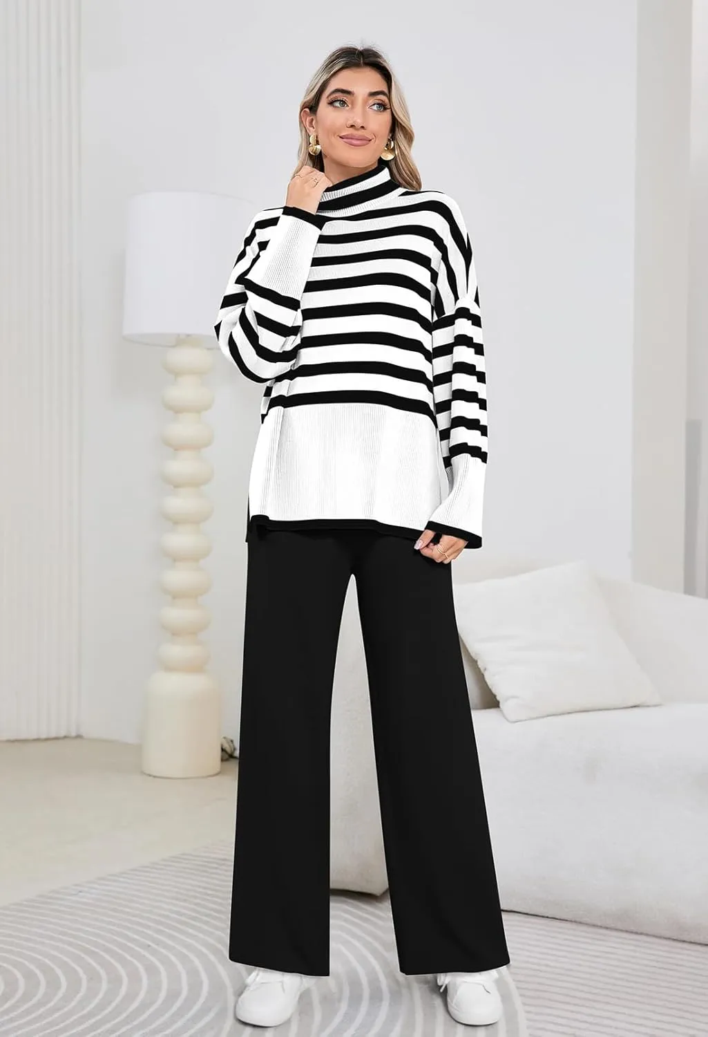 Pink Queen Lounge Sets For Women Two Pieces Long Sleeve Striped Sweater and Wide Leg Pants Tracksuit