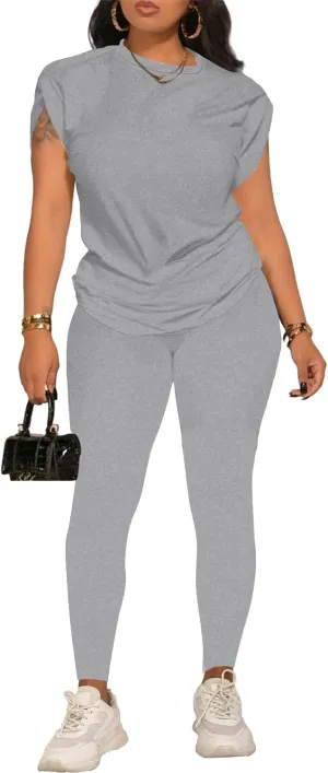 PINSV Women 2 Piece Outfits Summer Sweatsuits Track Suits Short Tops Long Pant Sweat Suit Legging Jogger Sets