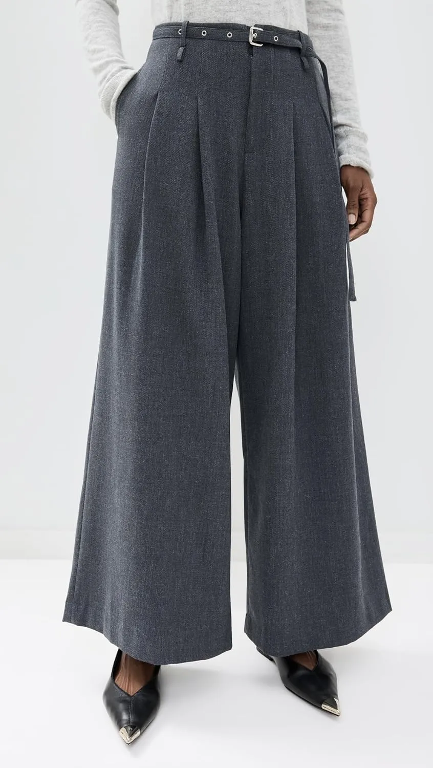 Pixie Market Women's Smoking Belted Grey Wide Leg Pants