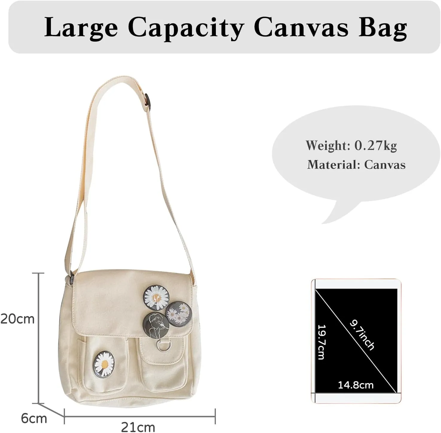 PORRASSO Casual Crossbody Bag Women Canvas Shoulder Bag Satchel Ladies Messenger Bag for Work Travel Daily Use White A