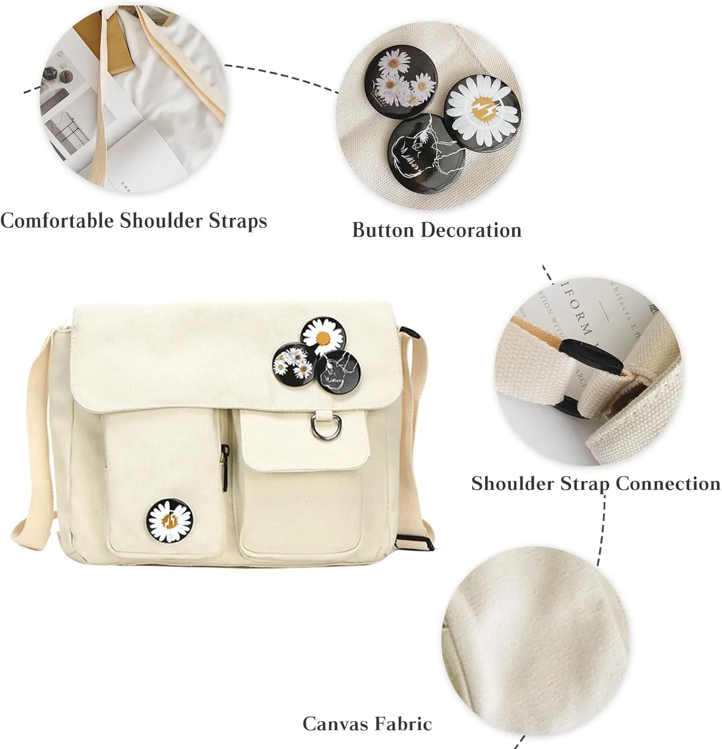 PORRASSO Casual Crossbody Bag Women Canvas Shoulder Bag Satchel Ladies Messenger Bag for Work Travel Daily Use White A