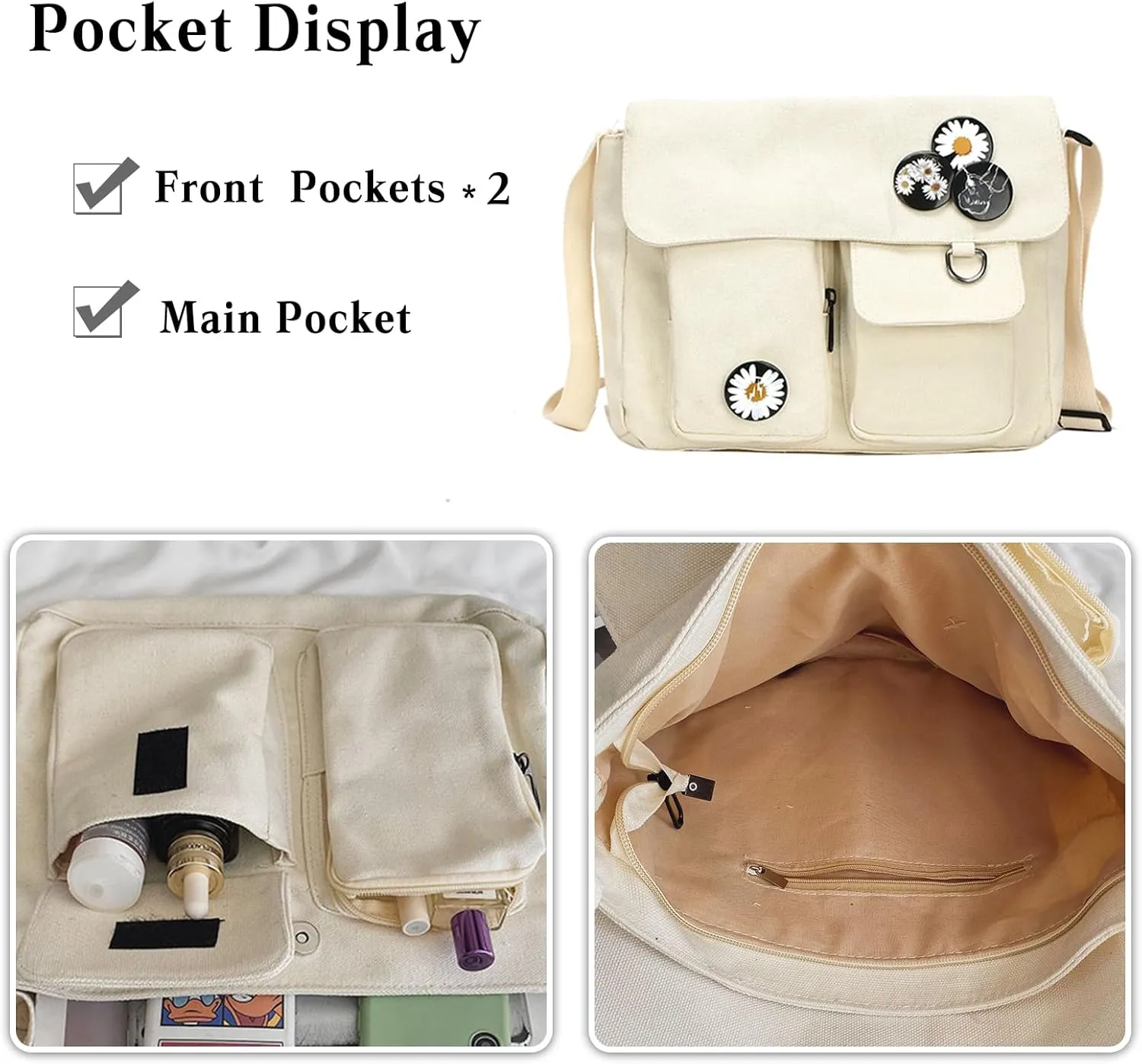 PORRASSO Casual Crossbody Bag Women Canvas Shoulder Bag Satchel Ladies Messenger Bag for Work Travel Daily Use White A