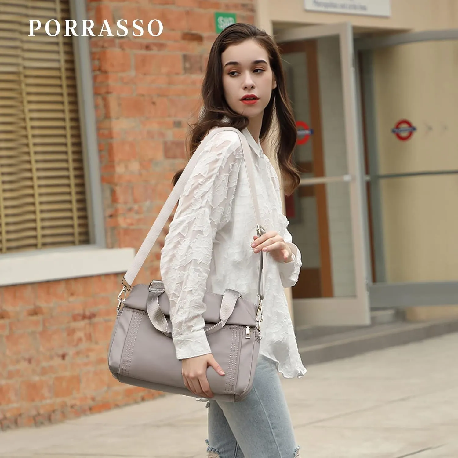 PORRASSO Crossbody Bag Nylon Shoulder Bag Women Multi-pocket Handbag Ladies Satchel Tote for Travel Work Daily Use Grey
