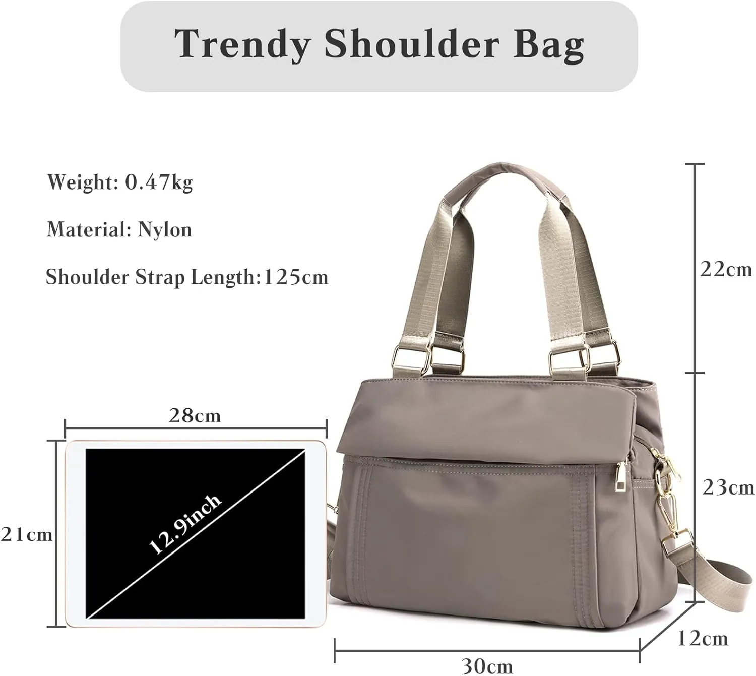 PORRASSO Crossbody Bag Nylon Shoulder Bag Women Multi-pocket Handbag Ladies Satchel Tote for Travel Work Daily Use Grey