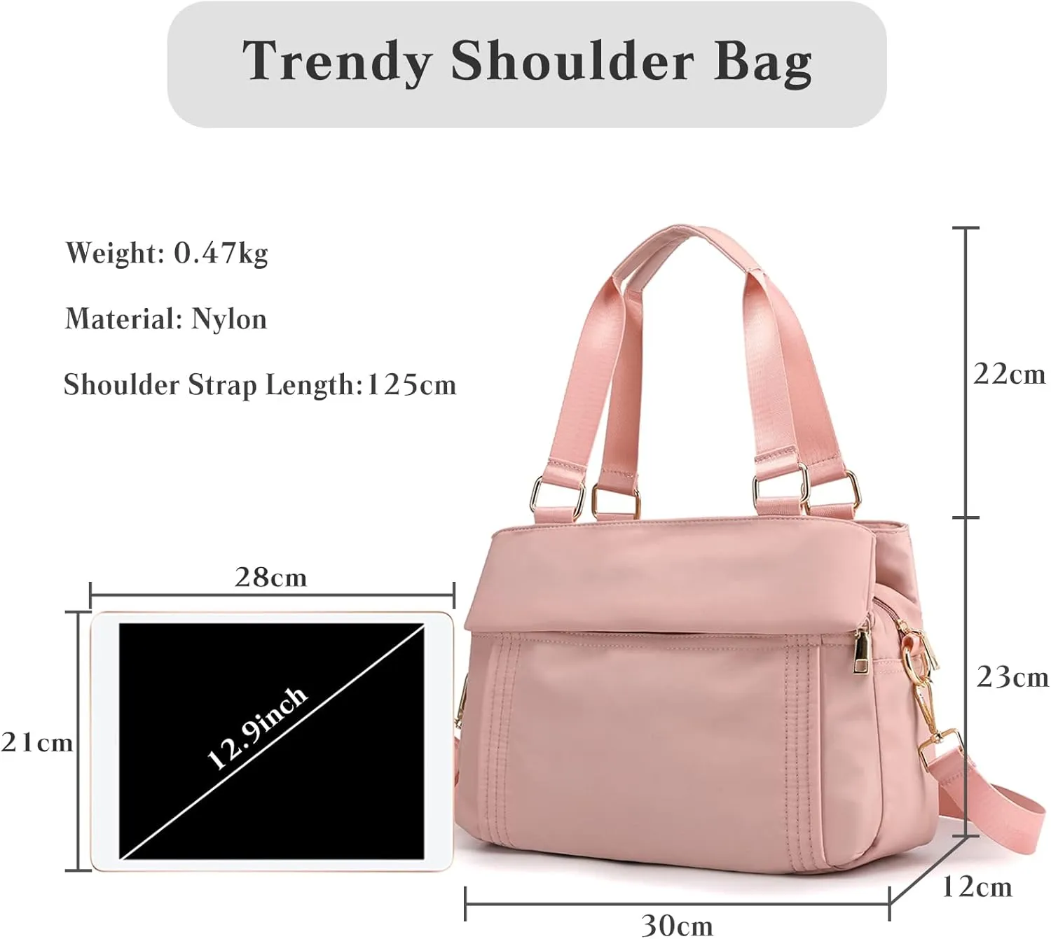 PORRASSO Crossbody Bag Nylon Shoulder Bag Women Multi-pocket Handbag Ladies Satchel Tote for Travel Work Daily Use Pink