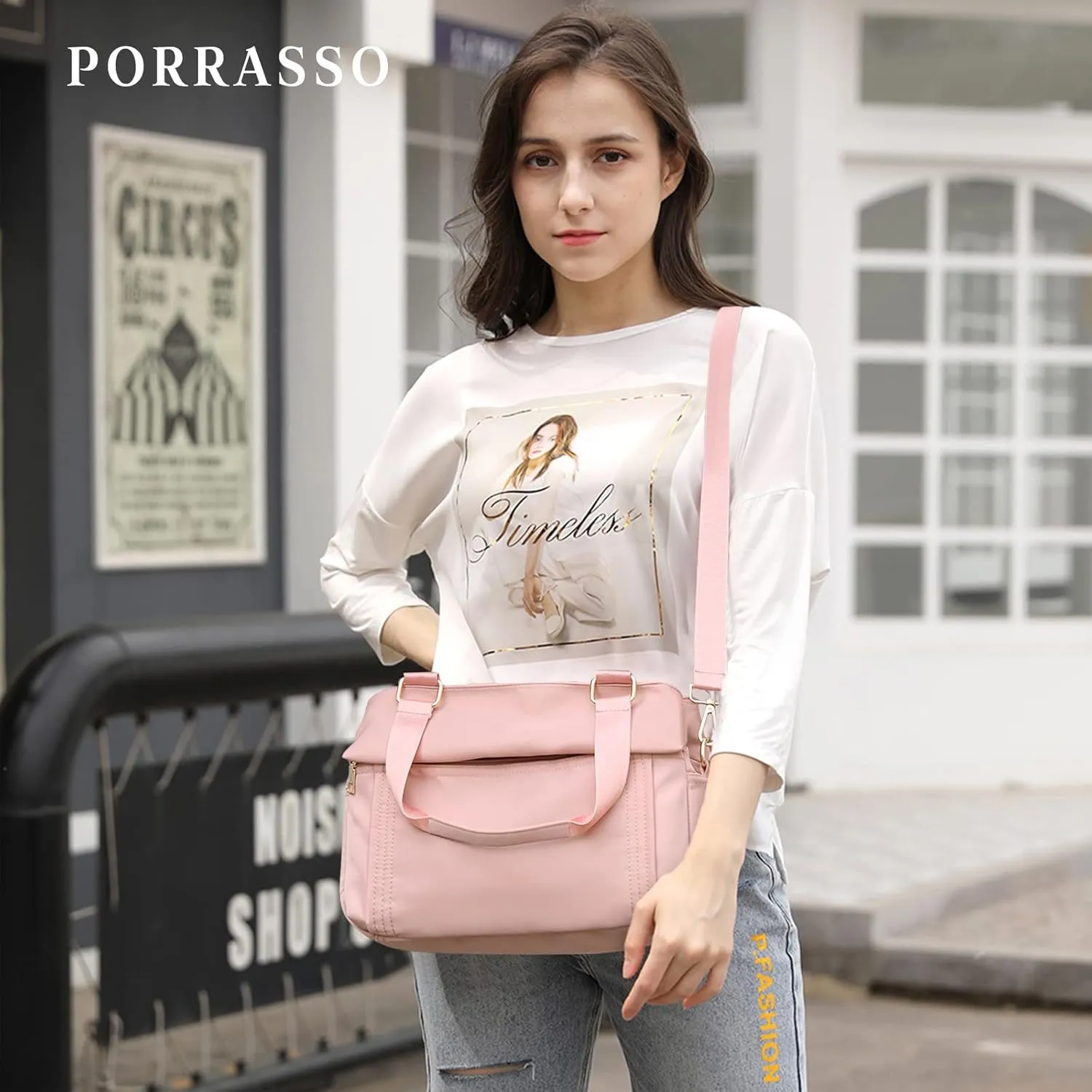 PORRASSO Crossbody Bag Nylon Shoulder Bag Women Multi-pocket Handbag Ladies Satchel Tote for Travel Work Daily Use Pink