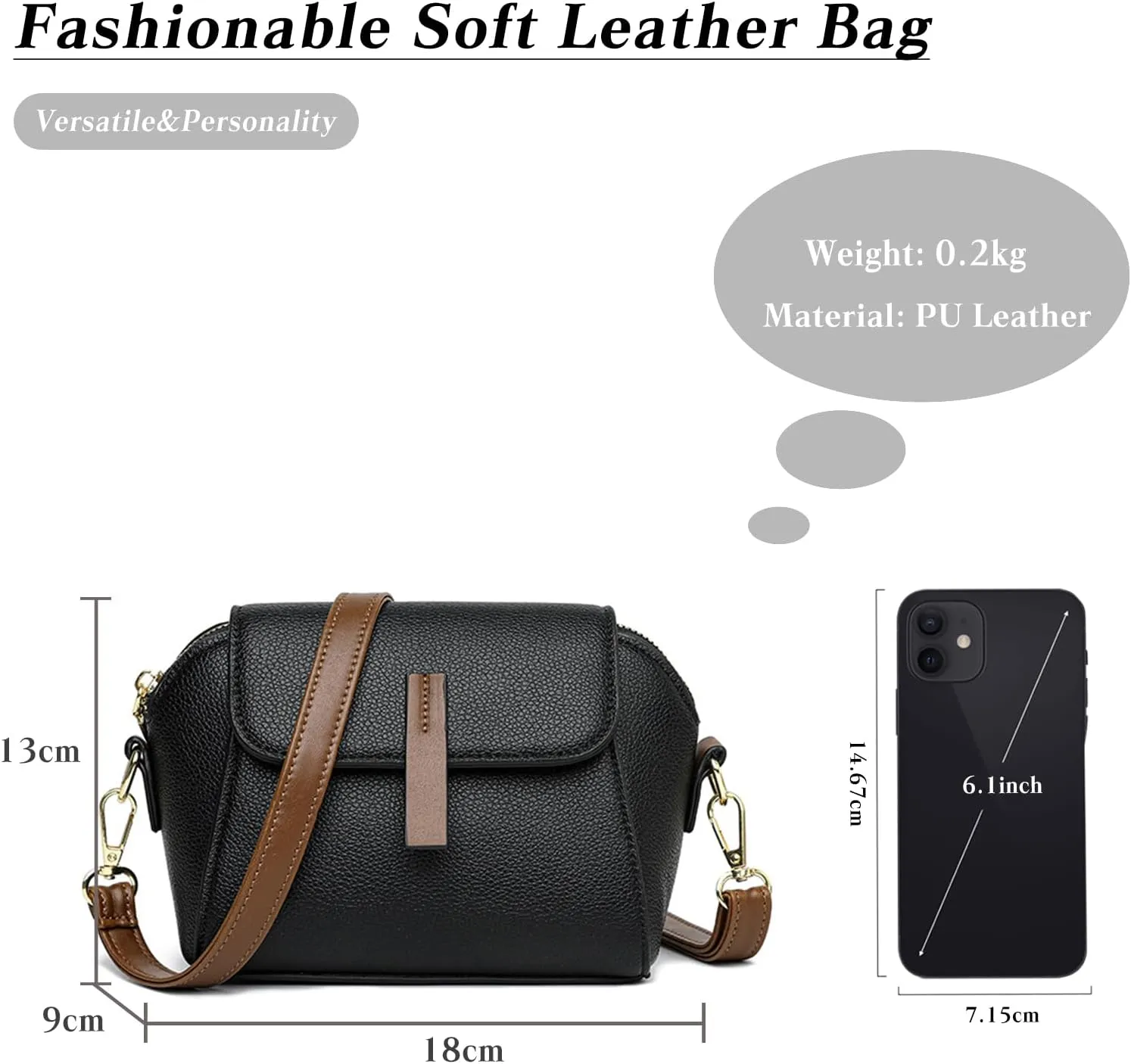 PORRASSO Fashion Crossbody Bag Women Shoulder Bag Handbag Ladies Satchel Messenger Bag for Dating Travel Daily Use Black