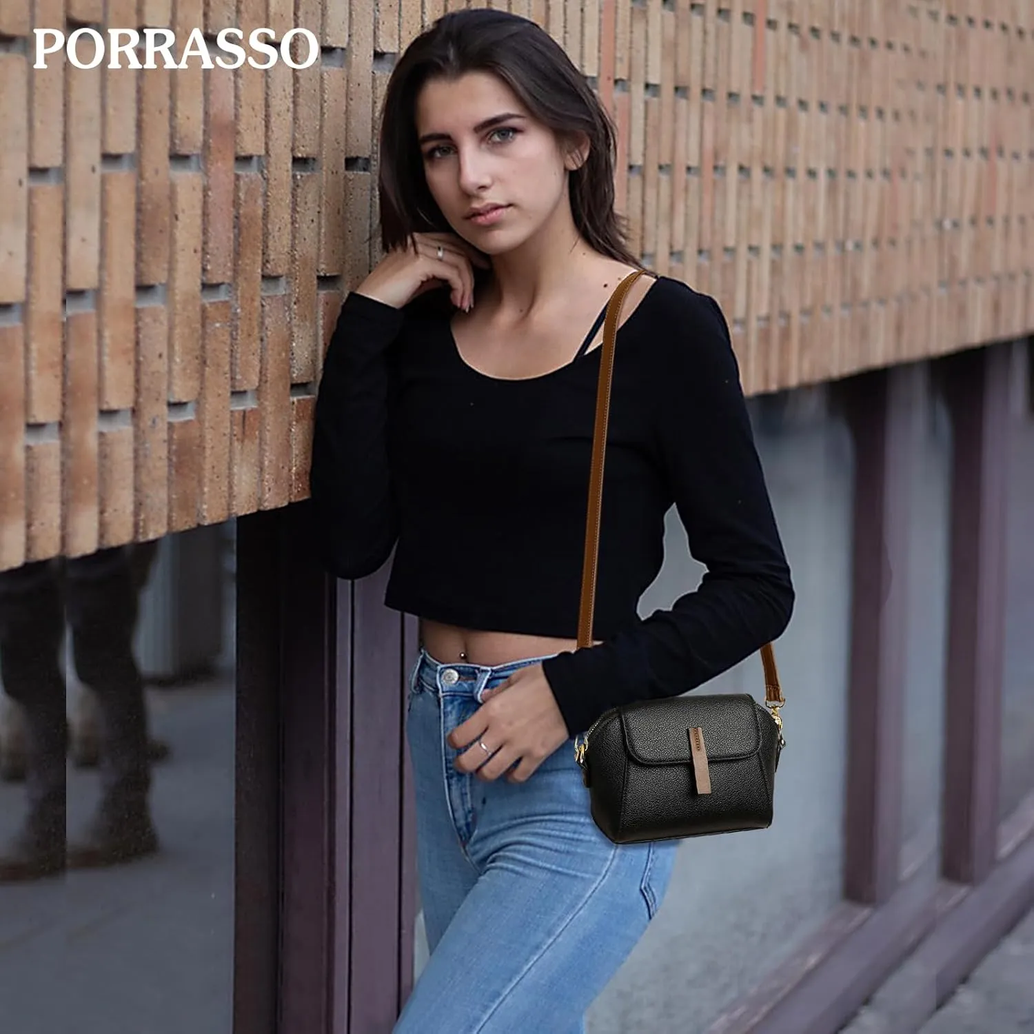 PORRASSO Fashion Crossbody Bag Women Shoulder Bag Handbag Ladies Satchel Messenger Bag for Dating Travel Daily Use Black