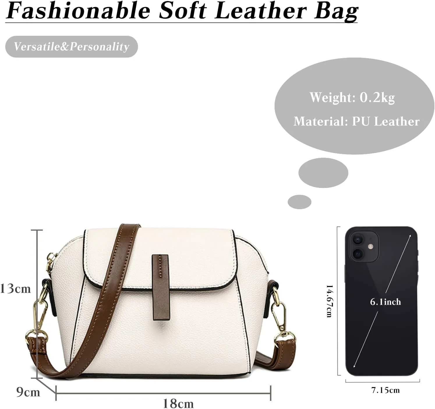 PORRASSO Fashion Crossbody Bag Women Shoulder Bag Handbag Ladies Satchel Messenger Bag for Dating Travel Daily Use White