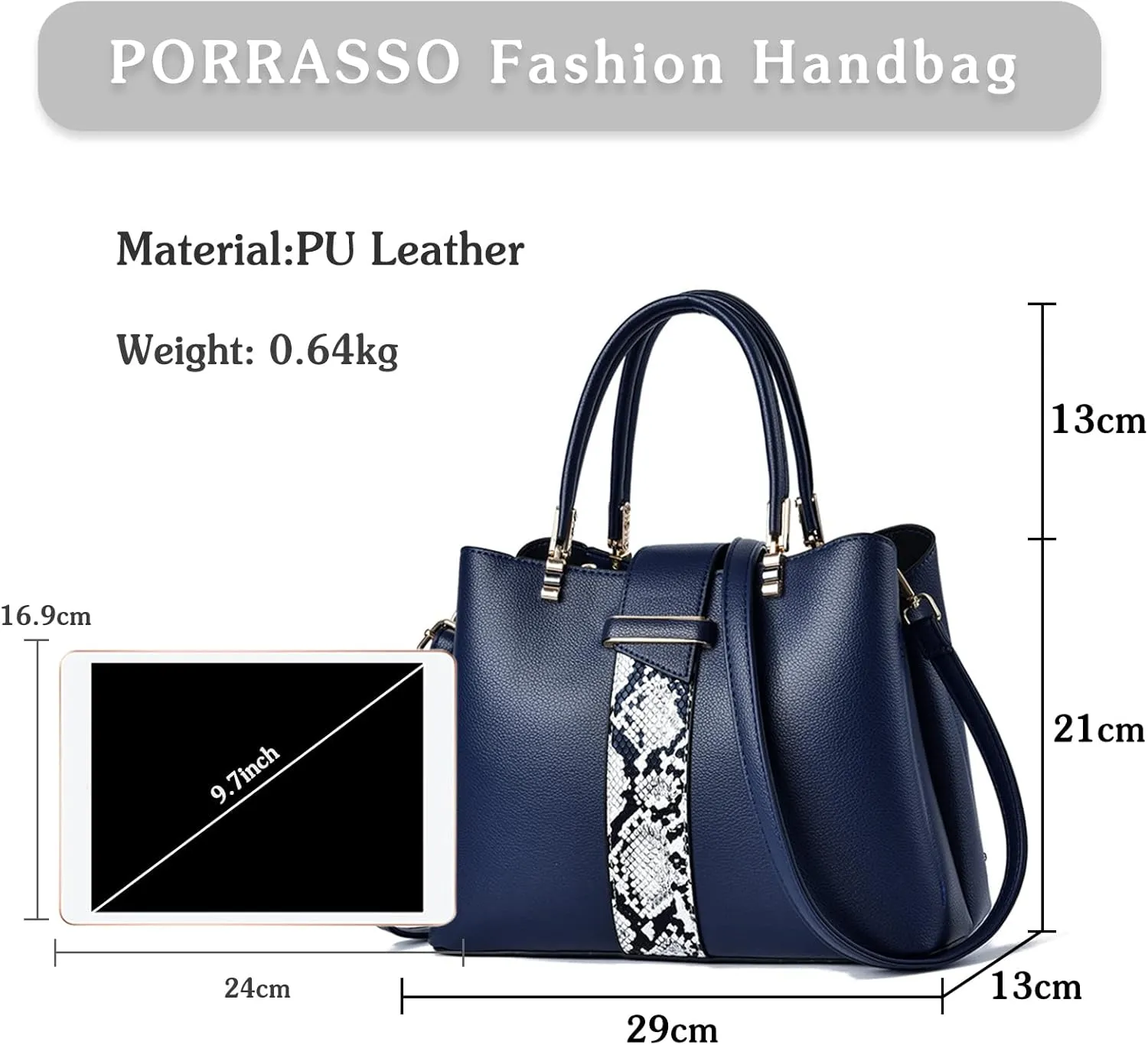 PORRASSO Handbag Women Top-Handle Bags Fashion Shoulder Bag Ladies Satchel PU Leather Waterproof Crossbody Tote Bag for Work Daily Use Navy Blue