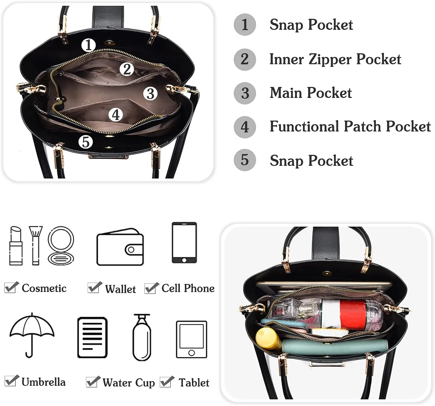 PORRASSO Handbag Women Top-Handle Bags Fashion Shoulder Bag Ladies Satchel PU Leather Waterproof Crossbody Tote Bag for Work Daily Use Navy Blue