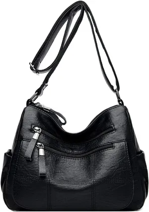 PORRASSO Vintage Crossbody Bag Ladies Shoulder Bag Multi-pocket Handbag Soft Women PU Leather Messenger Bag Work Travel Daily Use Satchel Black