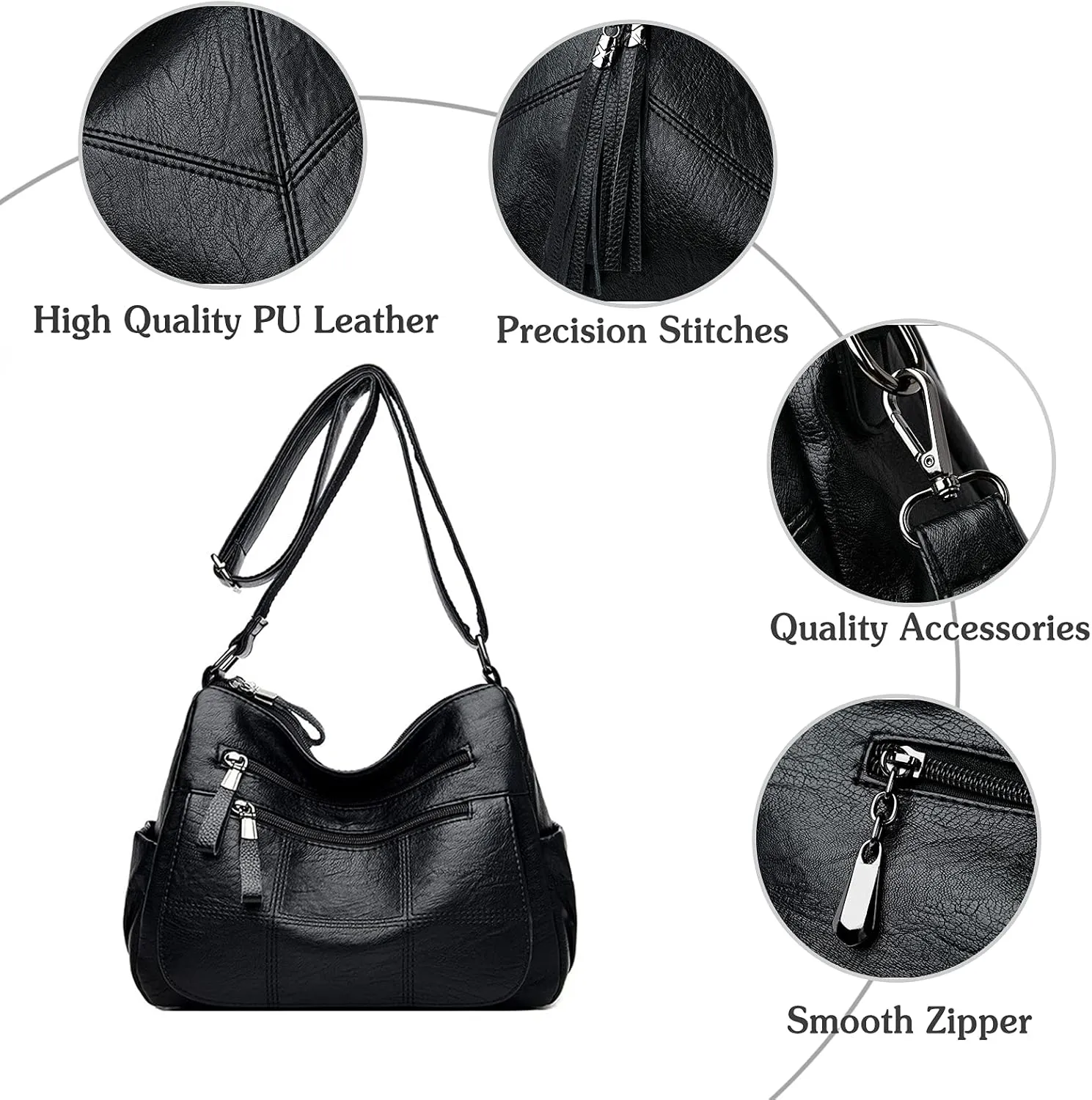 PORRASSO Vintage Crossbody Bag Ladies Shoulder Bag Multi-pocket Handbag Soft Women PU Leather Messenger Bag Work Travel Daily Use Satchel Black