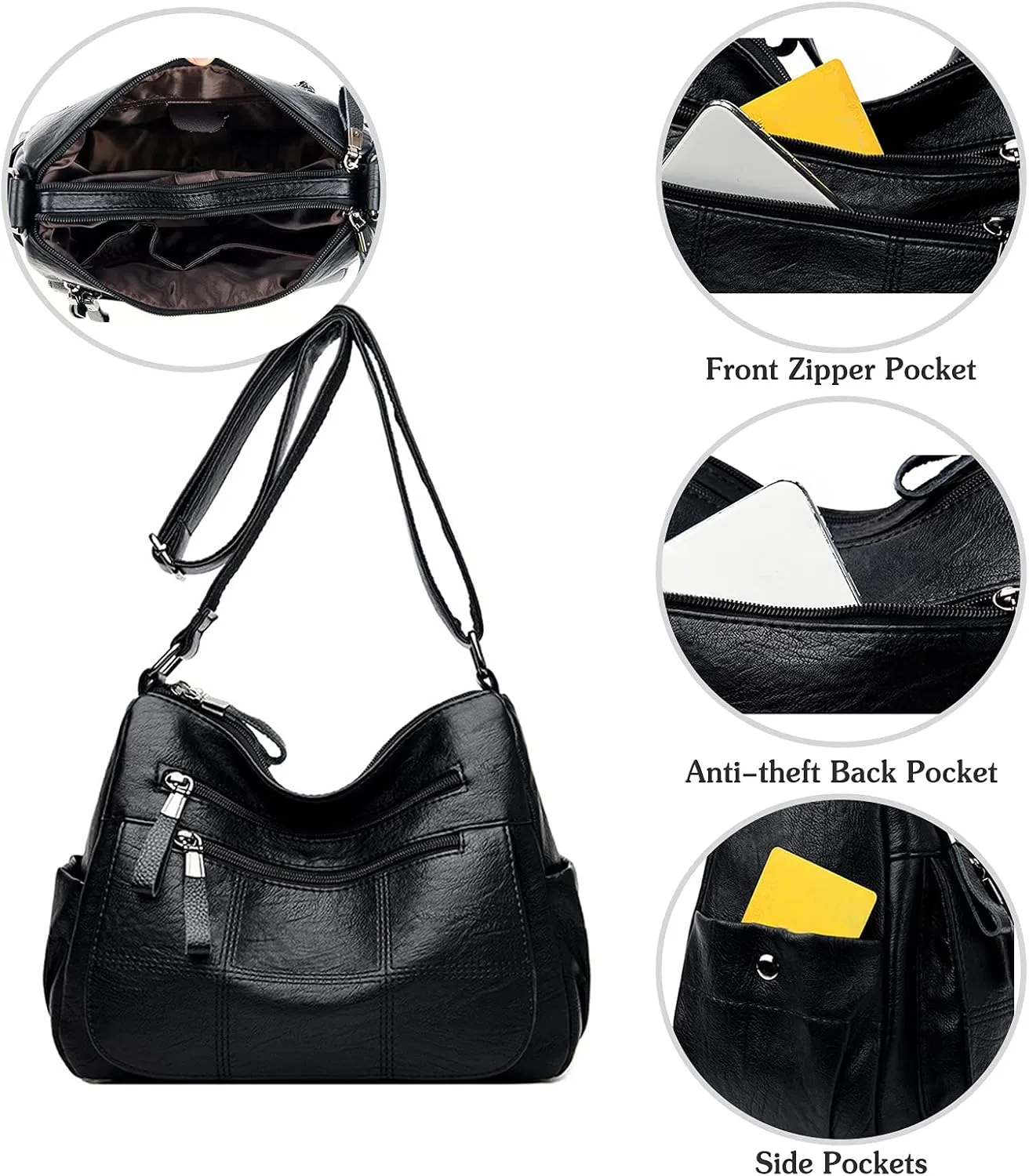 PORRASSO Vintage Crossbody Bag Ladies Shoulder Bag Multi-pocket Handbag Soft Women PU Leather Messenger Bag Work Travel Daily Use Satchel Black
