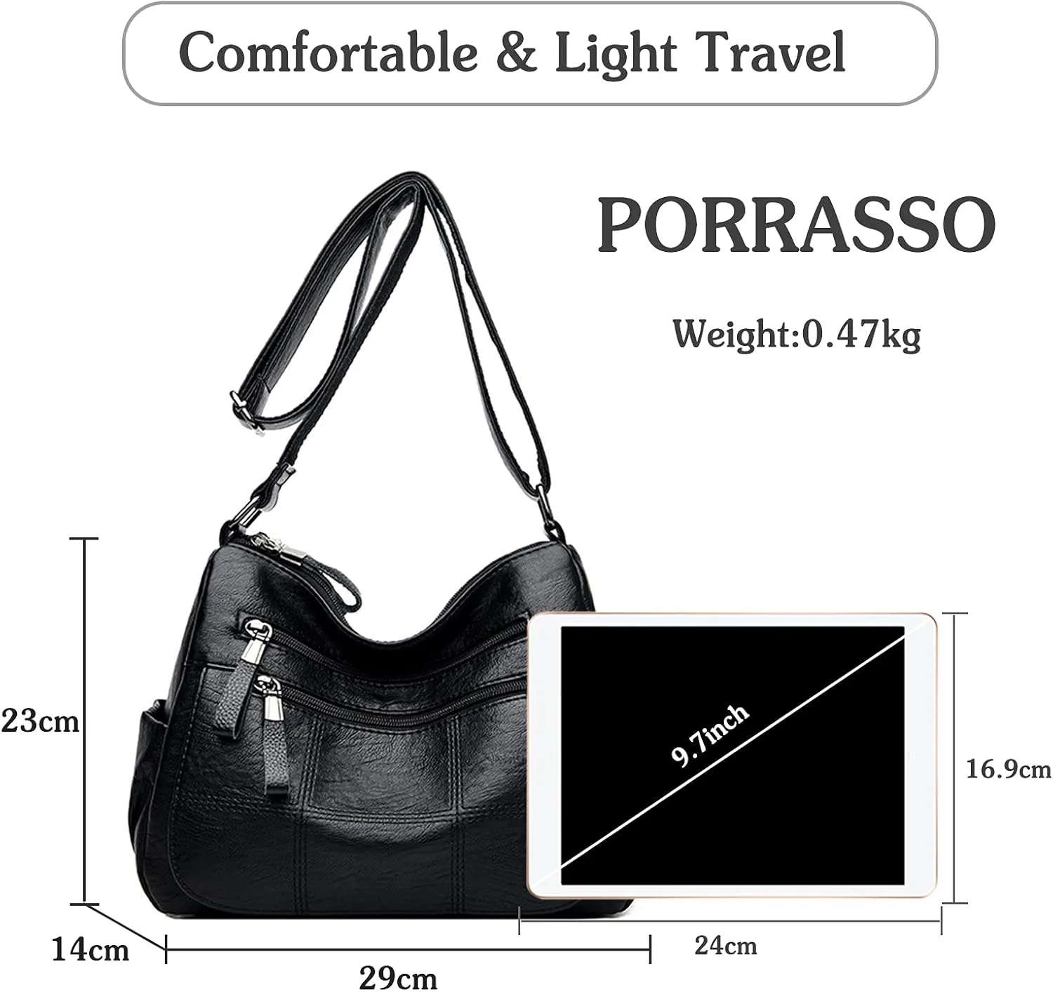 PORRASSO Vintage Crossbody Bag Ladies Shoulder Bag Multi-pocket Handbag Soft Women PU Leather Messenger Bag Work Travel Daily Use Satchel Black