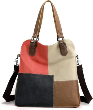 PORRASSO Vintage Shoulder Bag Canvas Crossbody Bag Women Handbag Large Satchel Ladies Stitching Hobo Tote for Travel Work Shopping Daily Use Black