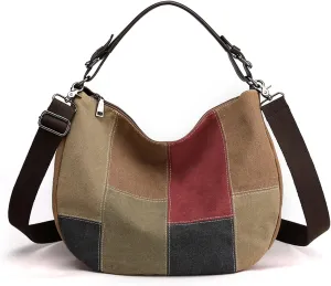 PORRASSO Vintage Shoulder Bag Canvas Crossbody Bag Women Handbag Multi-pocket Satchel Ladies Hobo Tote for Travel Work Shopping Daily Use Brown