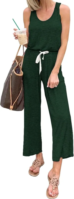 PRETTYGARDEN One Piece Jumpsuits for Women 2025 Summer Casual Drawstring Sleeveless Tank Romper Beach Vacation Outfits