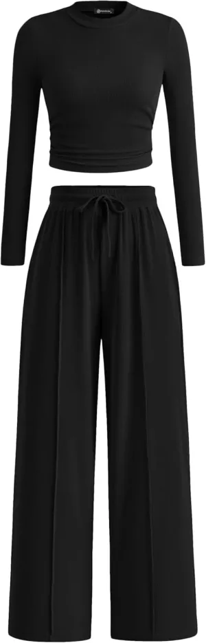 PRETTYGARDEN Women's 2 Piece Loungewear Long Sleeve Crop Top Wide Leg Palazzo Pants Set Tracksuits Casual Outfit