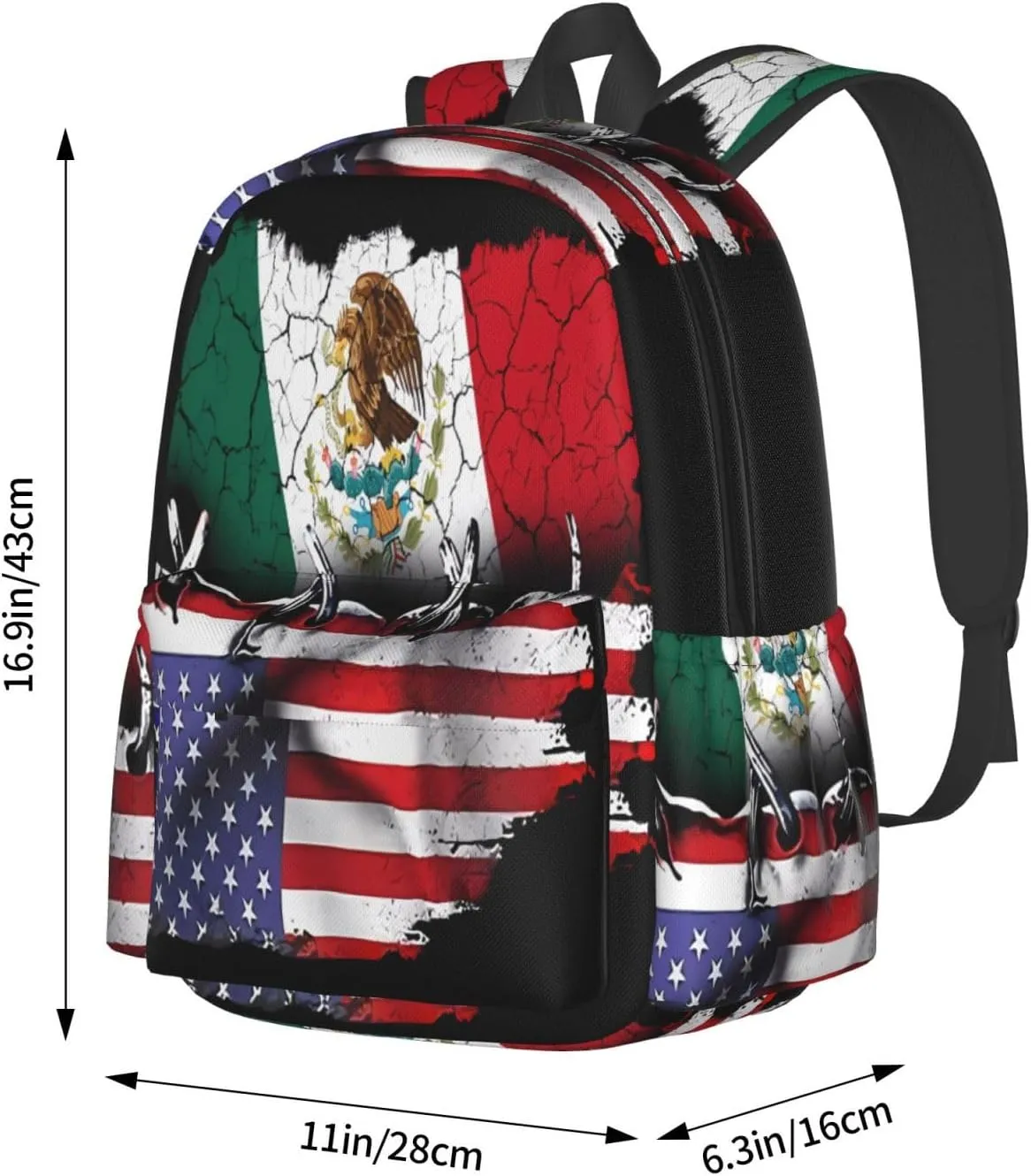 Pride Mexican American Flag Laptop Commuter Backpack Shoulder Bag Casual Back Pack Daypack Bags With Side Pockets For Work Travel Daily Use