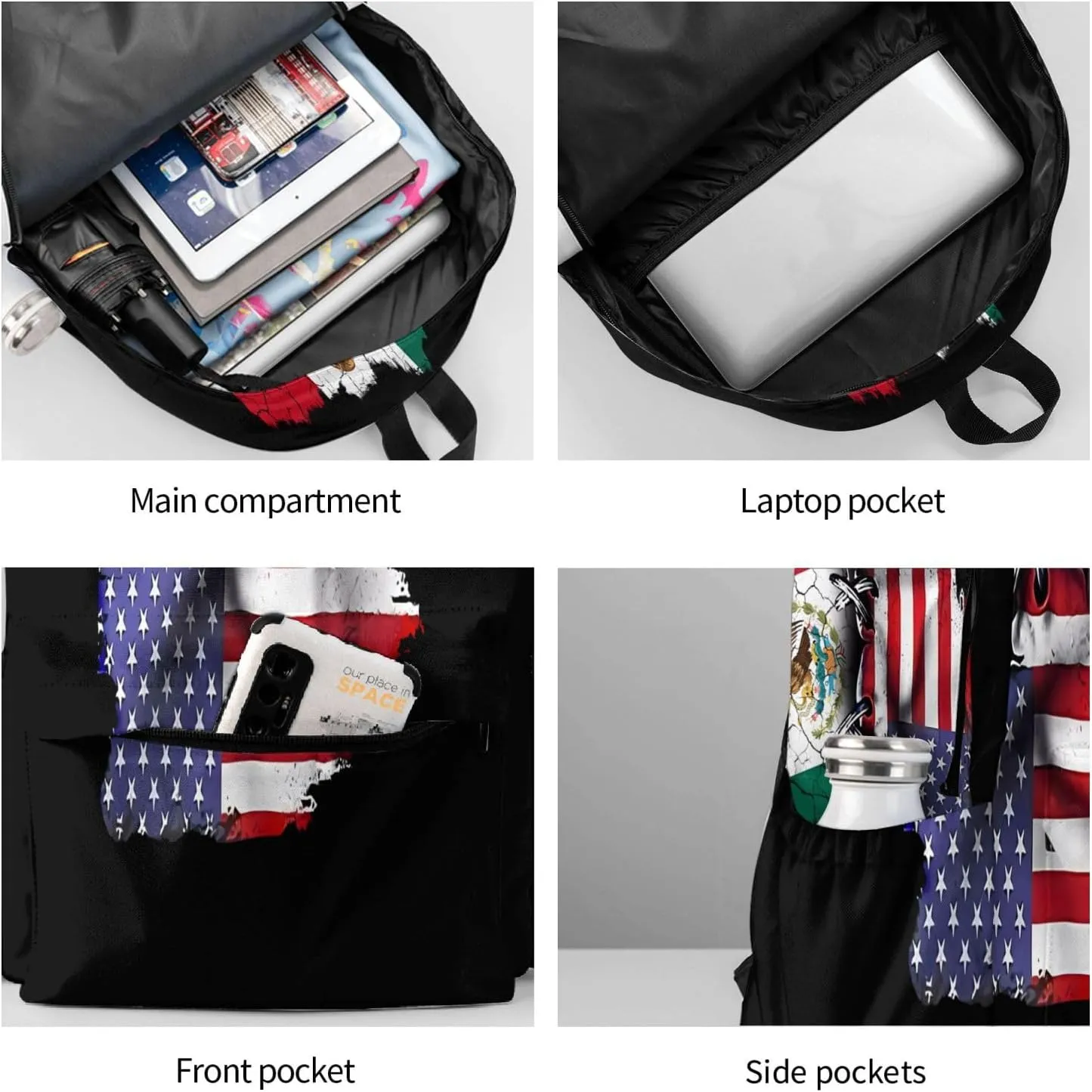 Pride Mexican American Flag Laptop Commuter Backpack Shoulder Bag Casual Back Pack Daypack Bags With Side Pockets For Work Travel Daily Use