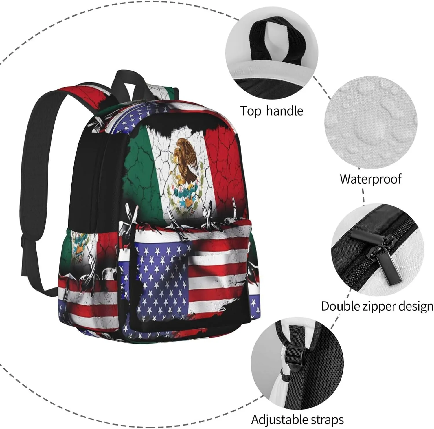 Pride Mexican American Flag Laptop Commuter Backpack Shoulder Bag Casual Back Pack Daypack Bags With Side Pockets For Work Travel Daily Use