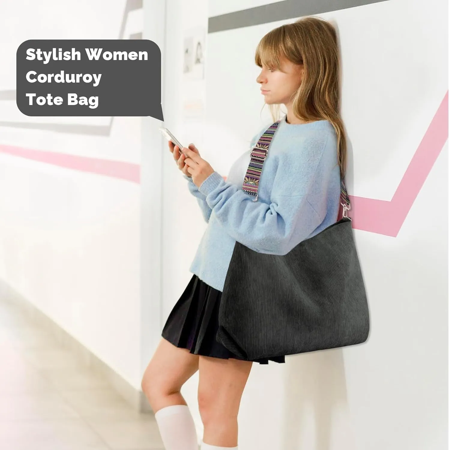 Prite Womens Corduroy Tote Bag with Zipper, Stylish Shoulder Bag with Adjustment Straps for Work, Travel, Daily Use