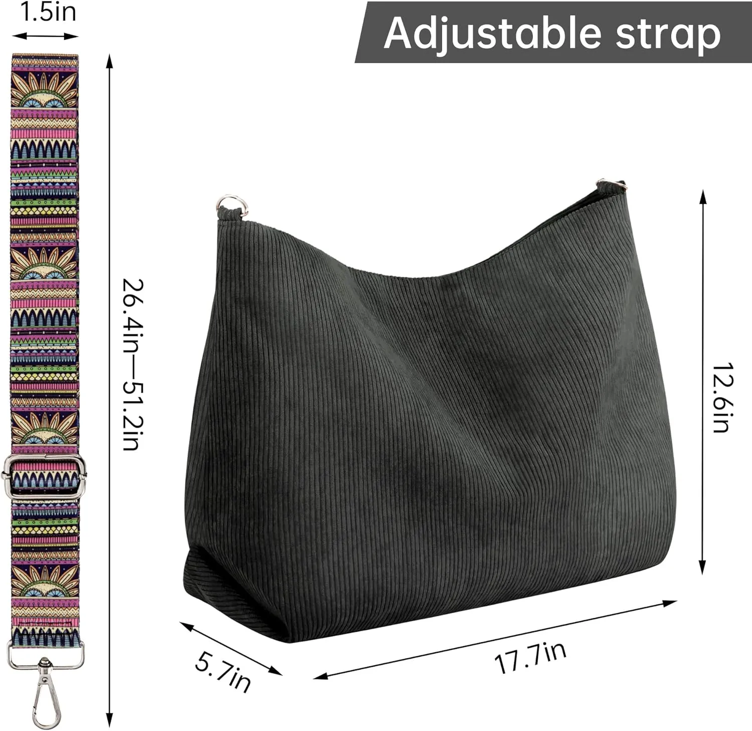 Prite Womens Corduroy Tote Bag with Zipper, Stylish Shoulder Bag with Adjustment Straps for Work, Travel, Daily Use