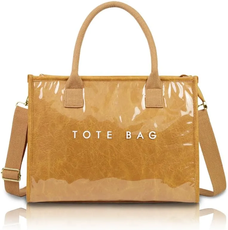 PVC Tote Bag for Women Large Capacity Waterproof Clear Shoulder Bag Letter Print Kraft Paper Bag for Work, Travel & Daily Use