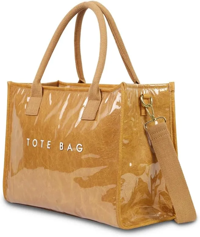 PVC Tote Bag for Women Large Capacity Waterproof Clear Shoulder Bag Letter Print Kraft Paper Bag for Work, Travel & Daily Use