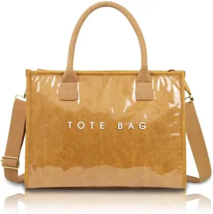 PVC Tote Bag for Women Large Capacity Waterproof Clear Shoulder Bag Letter Print Kraft Paper Bag for Work, Travel & Daily Use