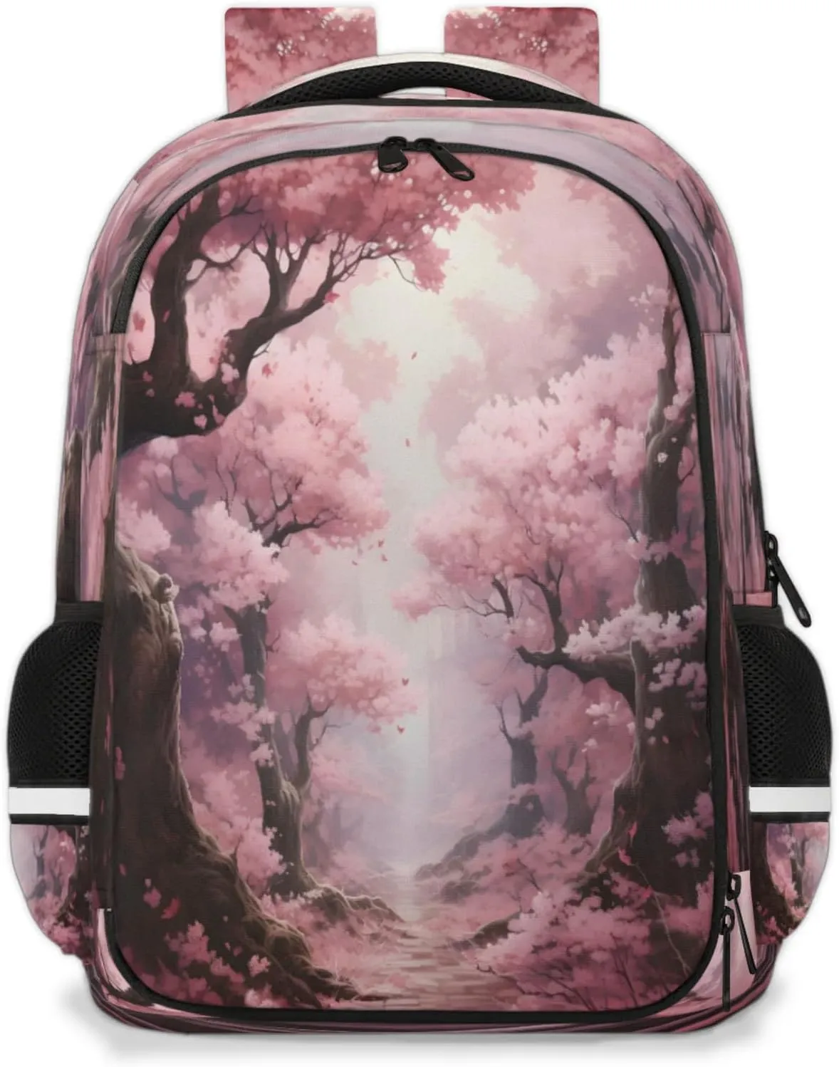 QsirBC Cherry Tree Forest Multi Compartment Backpack with Reflective Strips Adjustable Padded Straps Large Capacity Waterproof Duffel Bag for Men Women Work and Daily Use