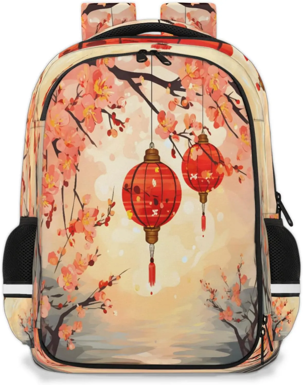 QsirBC Cherry Tree Lantern Multi Compartment Backpack with Reflective Strips Adjustable Padded Straps Large Capacity Waterproof Duffel Bag for Men Women Work and Daily Use