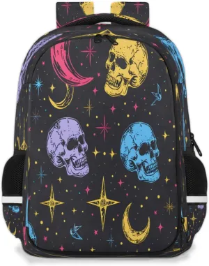 QsirBC Colorful Stars Moon Skulls Multi Compartment Backpack with Reflective Strips Adjustable Padded Straps Large Capacity Waterproof Duffel Bag for Men Women Work and Daily Use