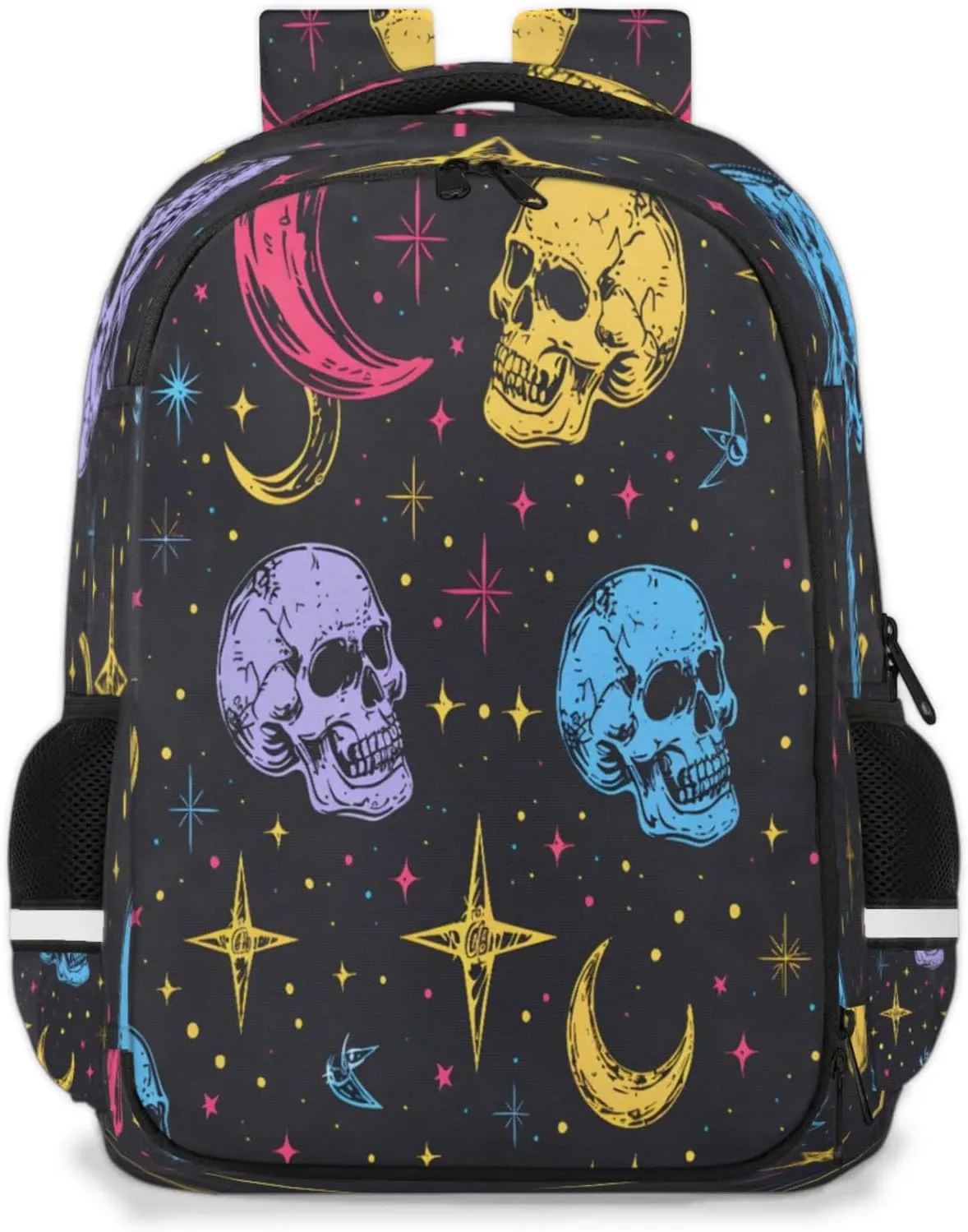 QsirBC Colorful Stars Moon Skulls Multi Compartment Backpack with Reflective Strips Adjustable Padded Straps Large Capacity Waterproof Duffel Bag for Men Women Work and Daily Use