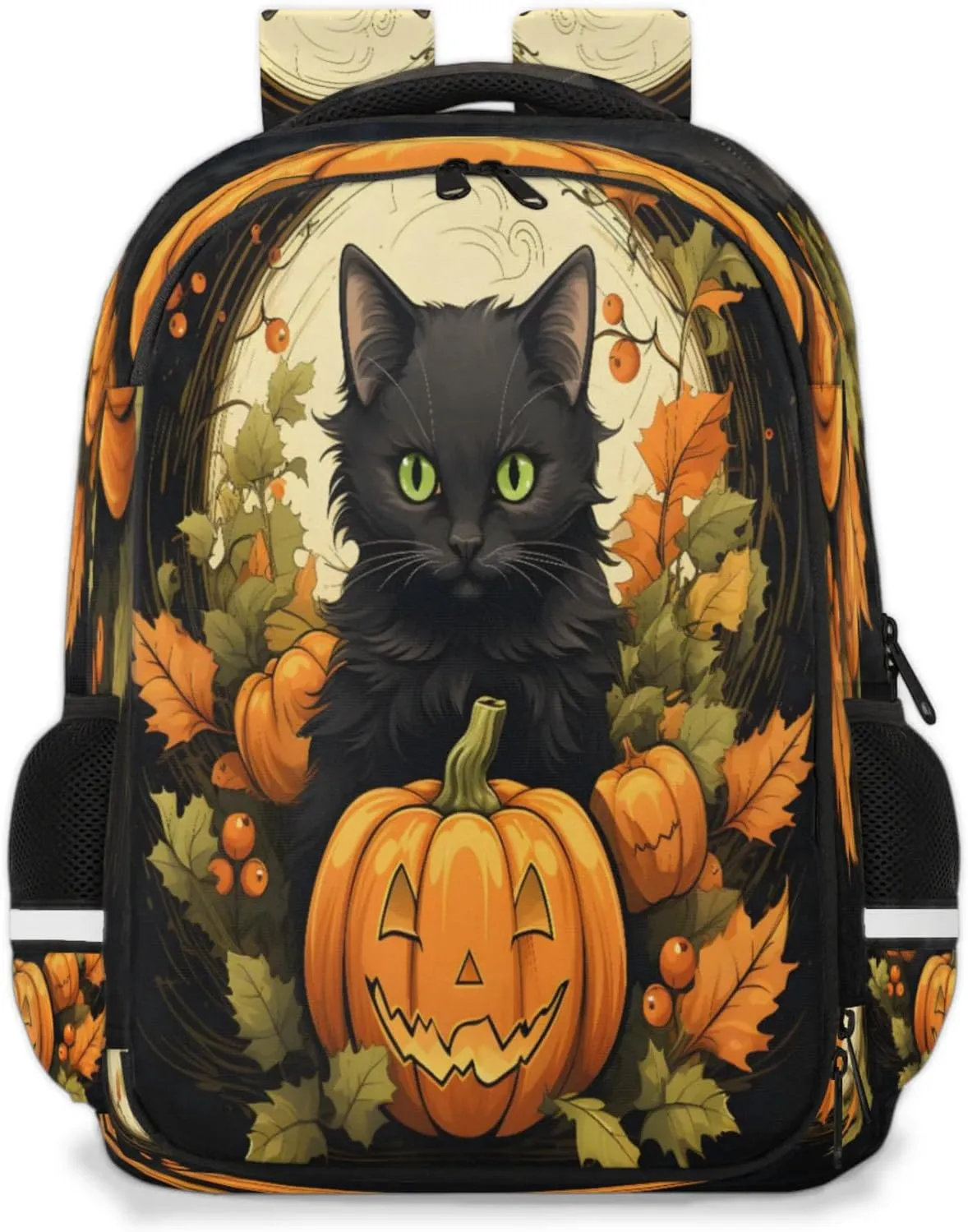 QsirBC Cute Cat Pumpkin Leaf Multi Compartment Backpack with Reflective Strips Adjustable Padded Straps Large Capacity Waterproof Duffel Bag for Men Women Work and Daily Use
