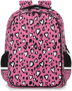 QsirBC Love Leopard Print Multi Compartment Backpack with Reflective Strips Adjustable Padded Straps Large Capacity Waterproof Duffel Bag for Men Women Work and Daily Use